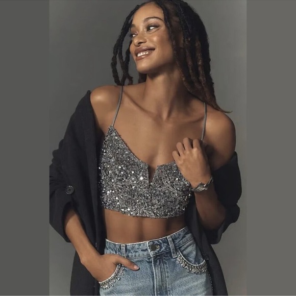 NWT! The Eve Sequin Longline Bralette - Silver by Anthropologie - Picture 1 of 5